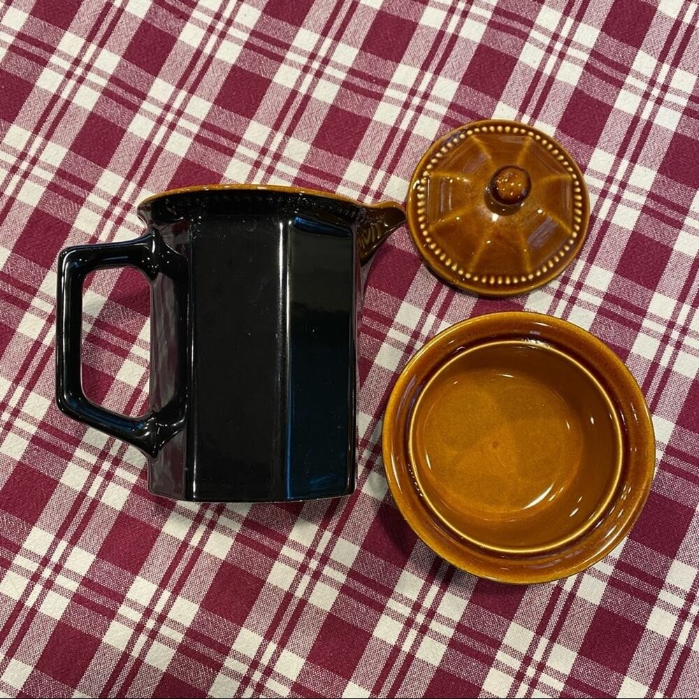 VTG Sears Octagon Amber‎ 3-Piece Set Pitcher, Lidded Sugar Bowl Pattern 4567 USA